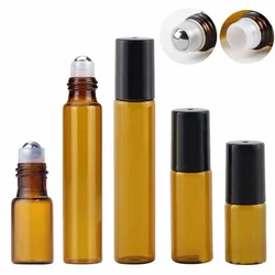 10/20Pcs Amber Glass Roll On Bottle With Glass Metal Ball Sample Test Essential Oil Vials Perfume Refillable Bottles 3/5/10ml