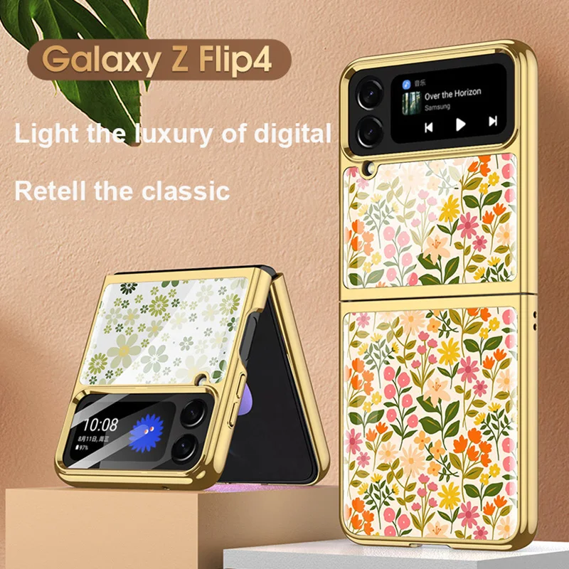 

Чехол для Samsung Galaxy Z Flip 4 5G, чехол для телефона с цветочным рисунком из закаленного стекла с гальваническим покрытием, жесткий чехол для Galaxy Z Flip 4 Fundas