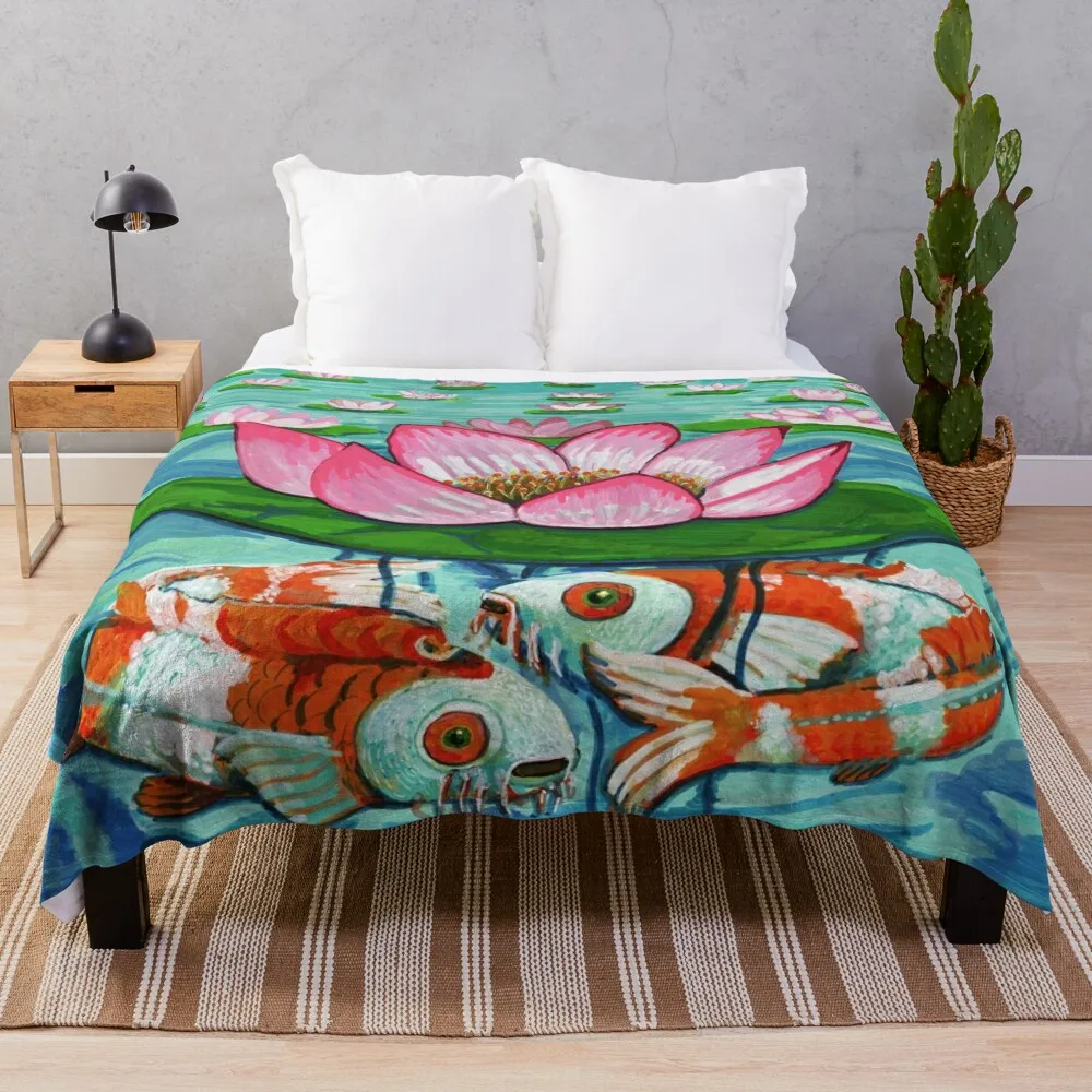 

Koi and Lotus Throw Blanket Travel Blanket christmas gifts Winter bed blankets Cute Blanket Summer Bedding Blankets