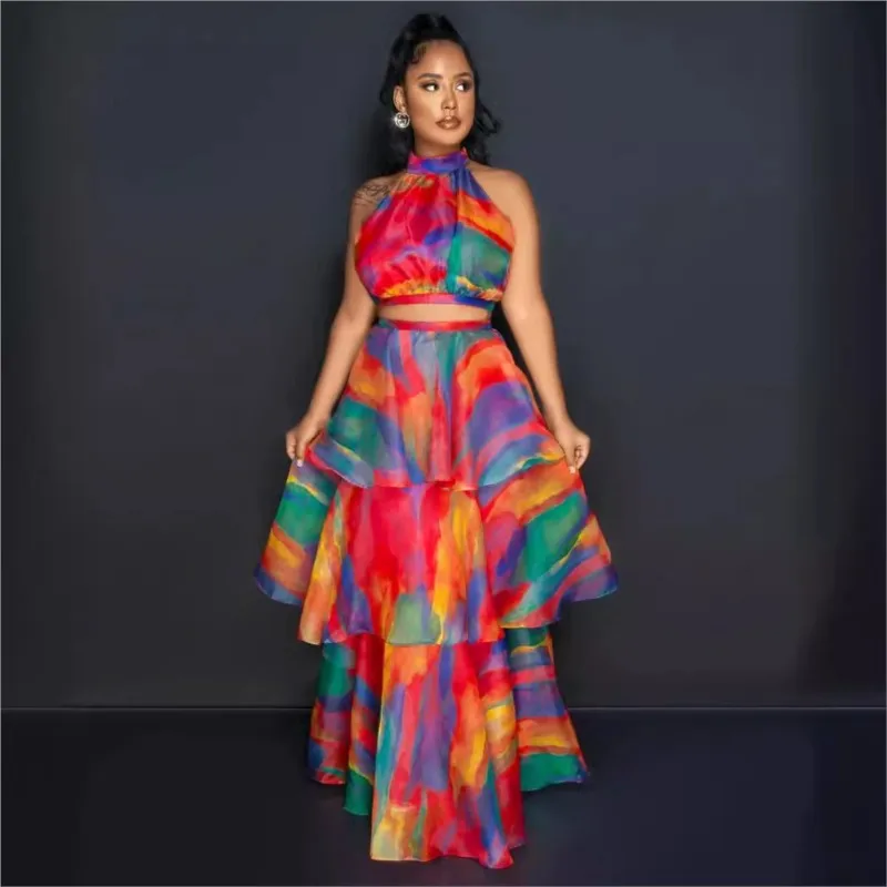 

Fashion Printed Chiffon 2 Piece Skirt Sets Summer African Dresses For Women Tops And Cake Long Dress Matching Suit Two Piece Set