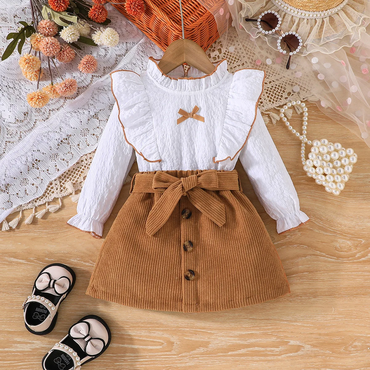 Focus norm 2 Farben Mode kleine Mädchen Herbst Kleidung Sets 0-5y Langarm Rüschen Kragen Tops solide Knopf Rock mit Gürtel