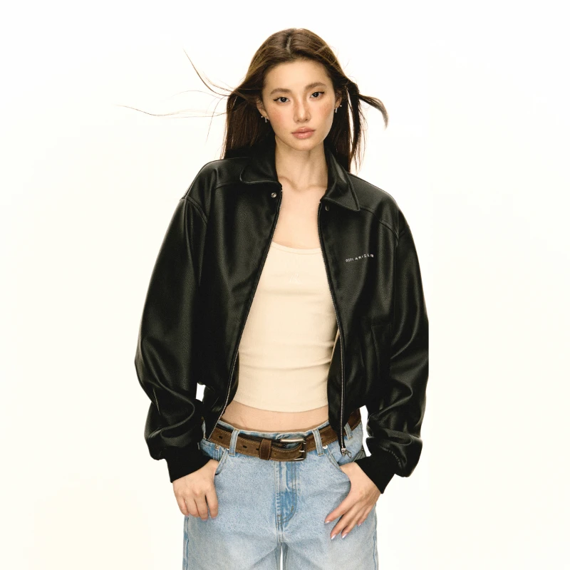 Leather Coat Black Women's Lapel Zipper Pu Loose Material American Retro Fashion New Jacket Top Fashion All-Match Autumn Winter