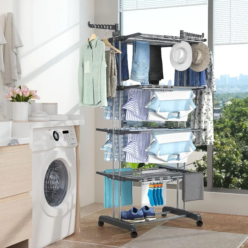 5 Tier Clothes Drying Rack Oversized, Foldable& Adjustable Height Rolling Clothes Rack Stainless Steel with 4 Castor 3