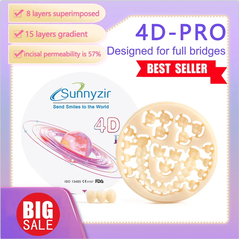 

Sunnyzir 4D PRO Multilayer Zirconia Blocks 98mm VITA 16& BL1-4 Strength 700-1200 Dental CAD CAM Restoration Material in Lab