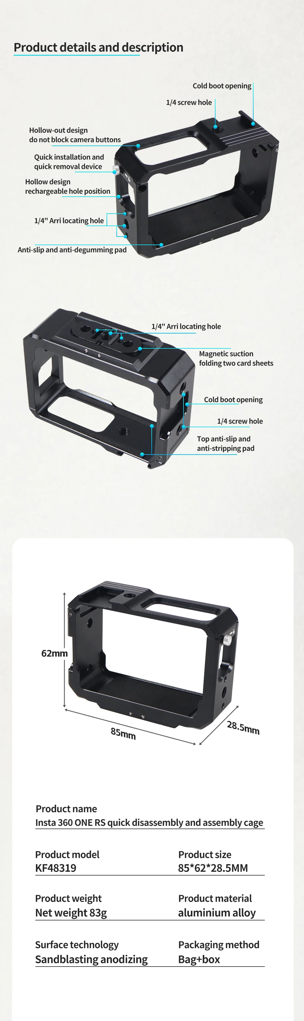 For  One RS Camera Metal Cage Frame 1/4 Magnetic Adapter Cold Shoe Mount 360 1-i