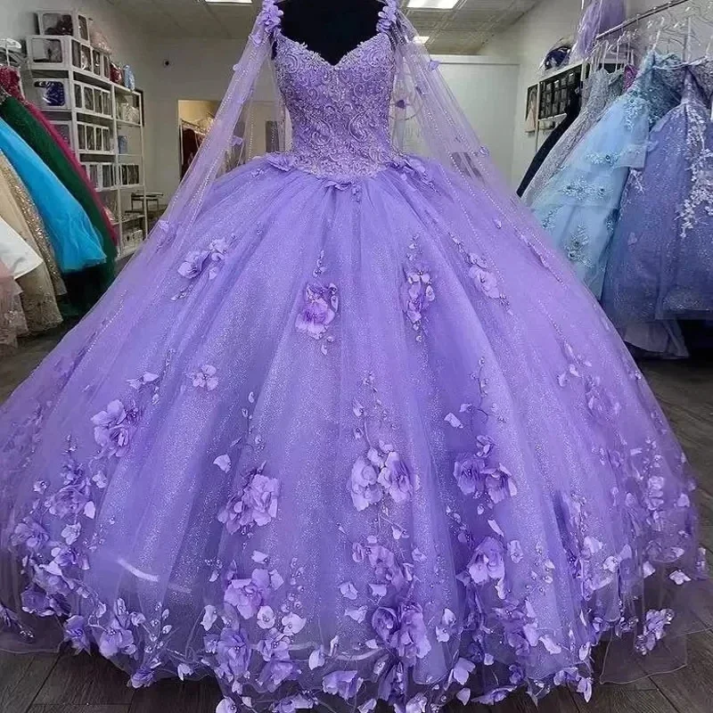 

Ball Gown Quinceanera Dresses with Cape Lilac 15 Party 3D Flower Beaded Cinderella 16 Princess Gowns With Wrap