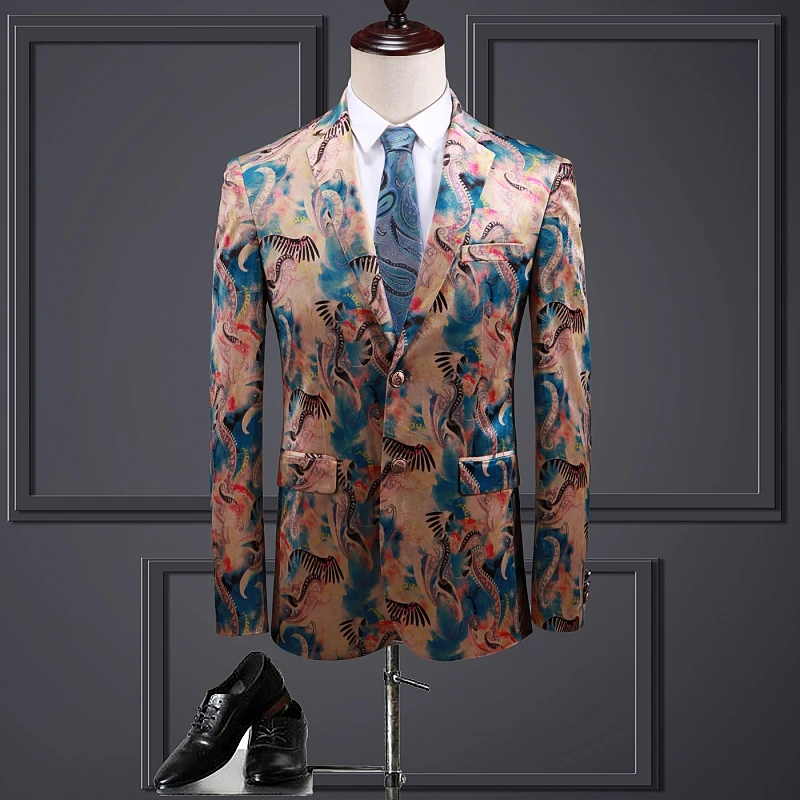 

High Quality Fashion Europe and The United States Plus-size Men Handsome Trend Velvet Digital Printed Suit Blazers Four Seasons