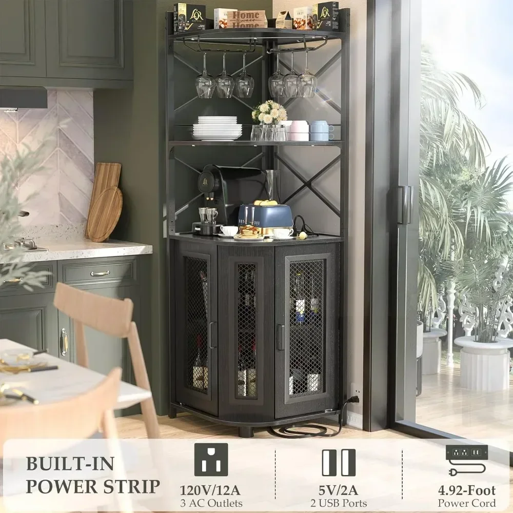 5-layer corner bar cabinet with power sockets, industrial wine cabinet with LED light strips and glass brackets
