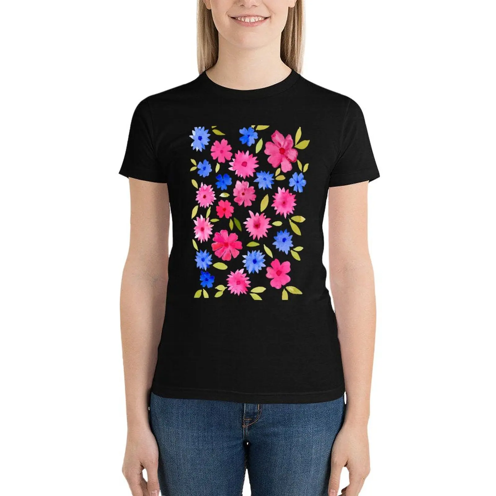 Loose floral pattern - pink and blue T-Shirt Blouse oversized Short sleeve tee funny t shirts for Women