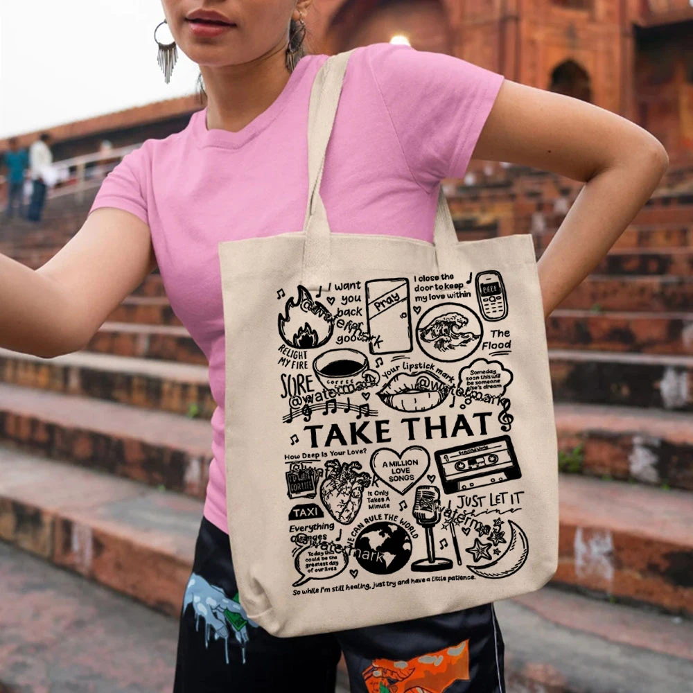 Cultivator★Distressed Wide Strap Tote Bag関税/送料無料 SA11 Take That Band Vintage Tote Bags Gift for Music Lover Bag