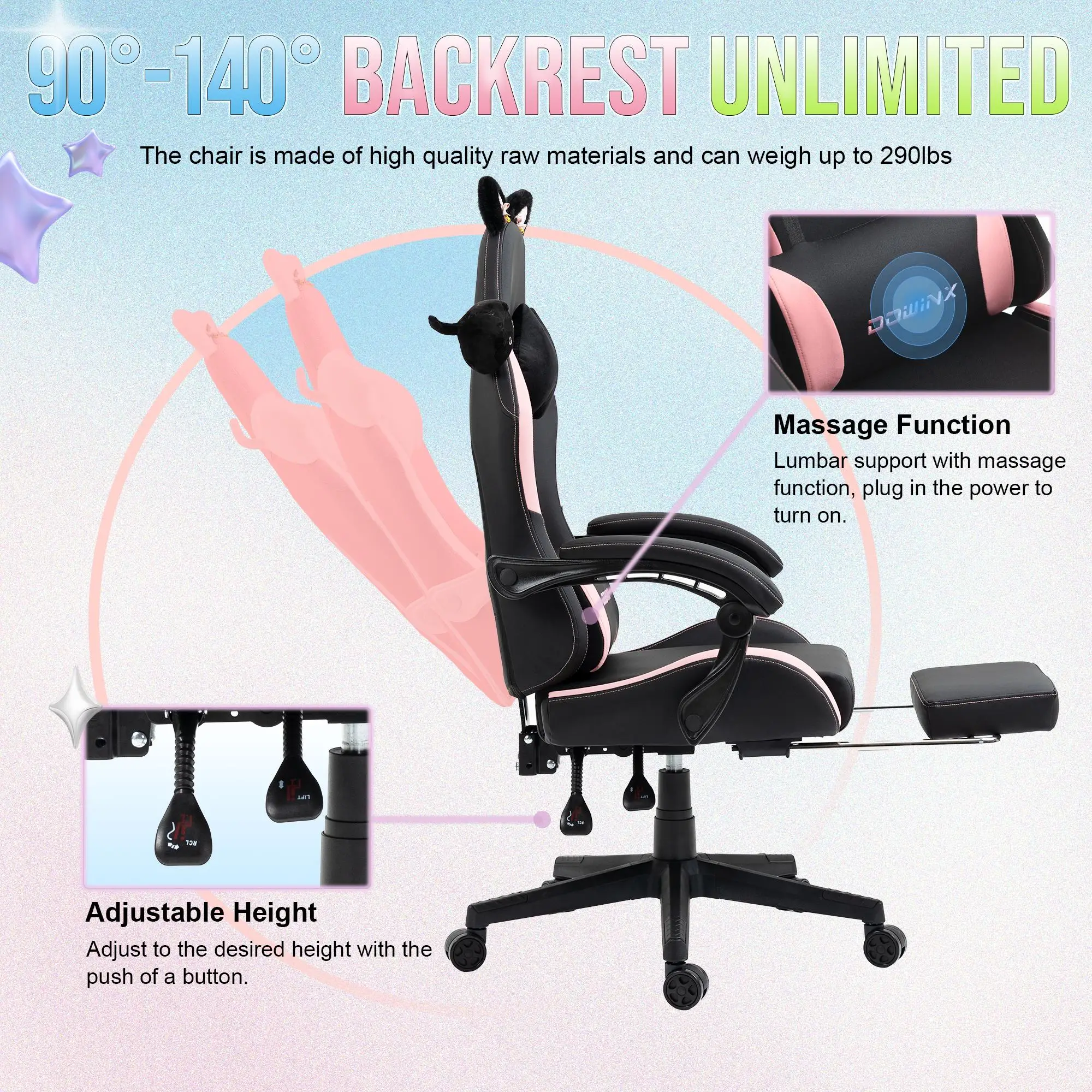 Dowinx Gaming Chair Cute with Cat Ears and Massage Lumbar Support, Ergonomic Computer Chair for Girl with Footrest and Headrest 3