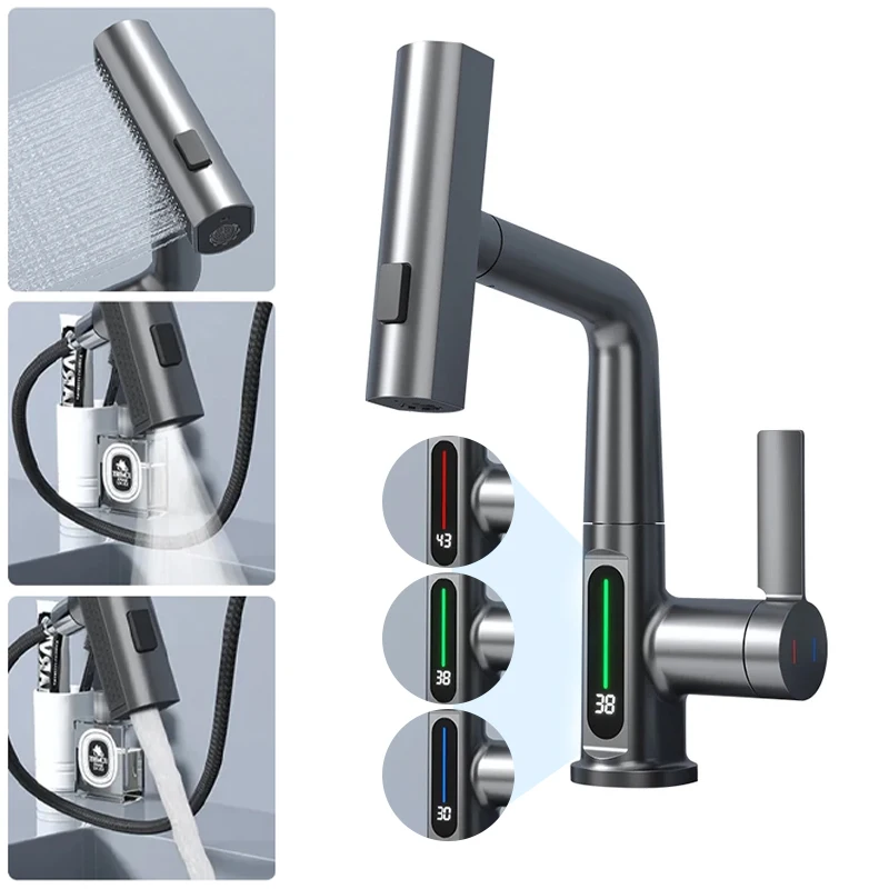 

Temperature Digital Display Basin Faucet Pull Out Kitchen Faucet Waterfall Hot Cold Water Sink Mixer Up Down Faucet