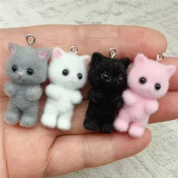 4pcs Kawaii 3D Fluffy Flocking Resin Cat Animal Charms Pendant Colorful Keychain Necklace Pendant DIY Crafts Jewelry Making 1