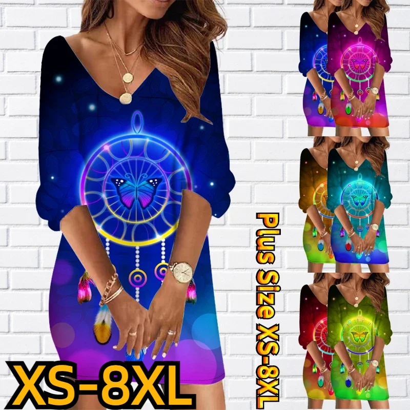 

V-neck Short skirts Fashion Seven-point Sleeve Skirt New Design Printed Slim Dress Autumn Winter Women Sexy mini Skirt XS-8XL