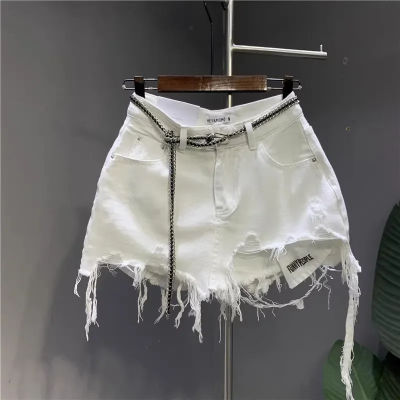 Denim skirt side view with pocket hole detail