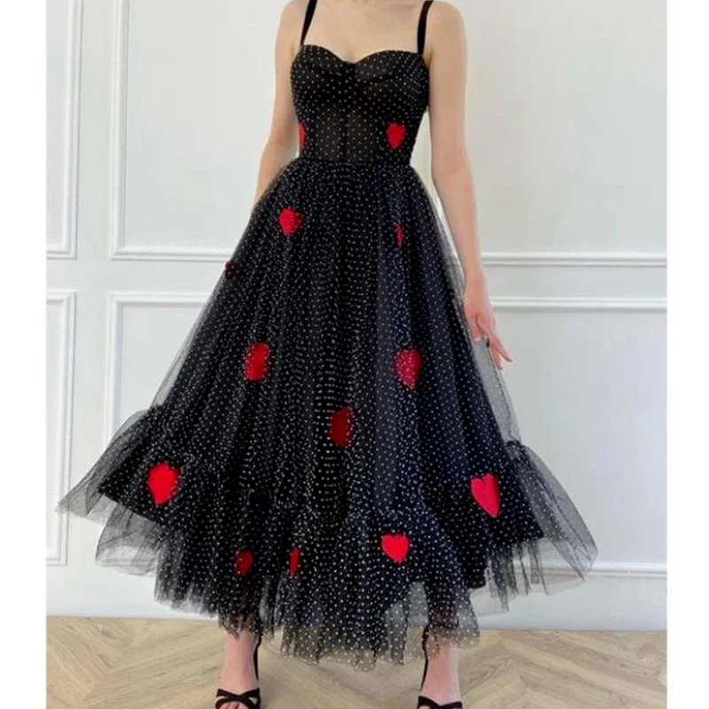 

Dot Tulle Red Heart Print Mesh Long Dresses New French Pleated Summer Dresses for Women Black Sexy Strap Shoulder Fairy Dress
