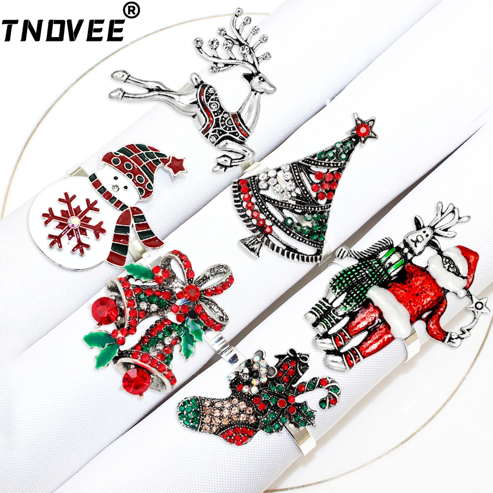 6PcsVintageChristmasNapkinRingsXmasDeerWreathCrystalNapkin