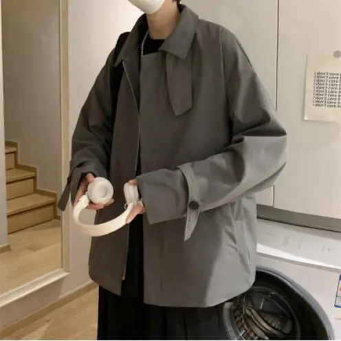 

2022 Men Solid Turn-down Collar Fashion Korean Style Casual Cuff Tie Cargo Jacket All-match Leisure Streetwear Handsome