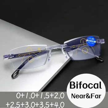 Retro Unisex Progressive Bifocal Reading Glasses Anti-blue Diamond Cut Rimless Eyesglasses Vintage Women Men Near Far Eyewear