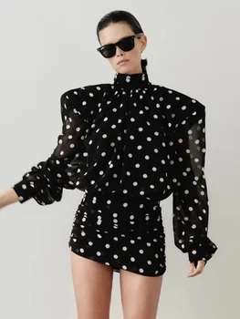 Nibber See Through Mini Dress Woman Turtleneck Mesh Full Sleeve Polka Dot Print Skinny Peach Hip Street Ruched Elegant Bodycon 1