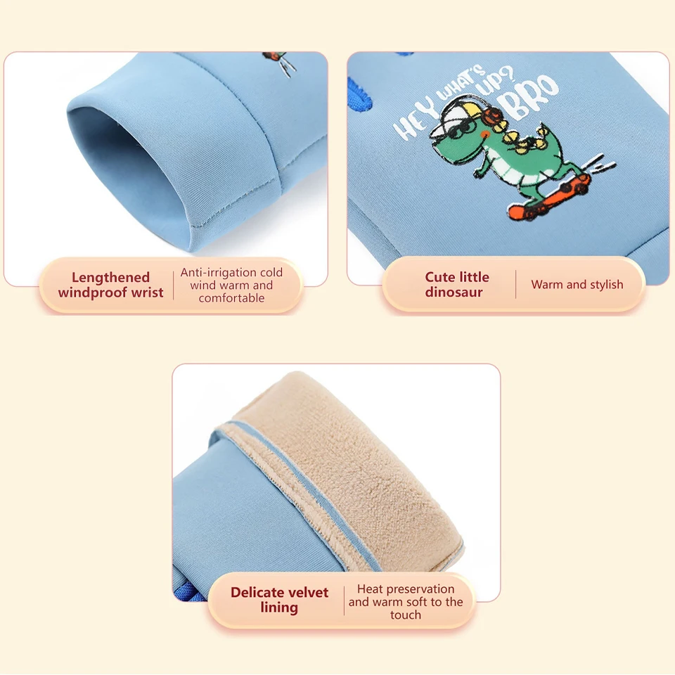Winter Children's Gloves GTUBIKE Cartoon Dinosaur Cycling Kids Warm Sports Skiing Windproof Waterproof Boys Girls