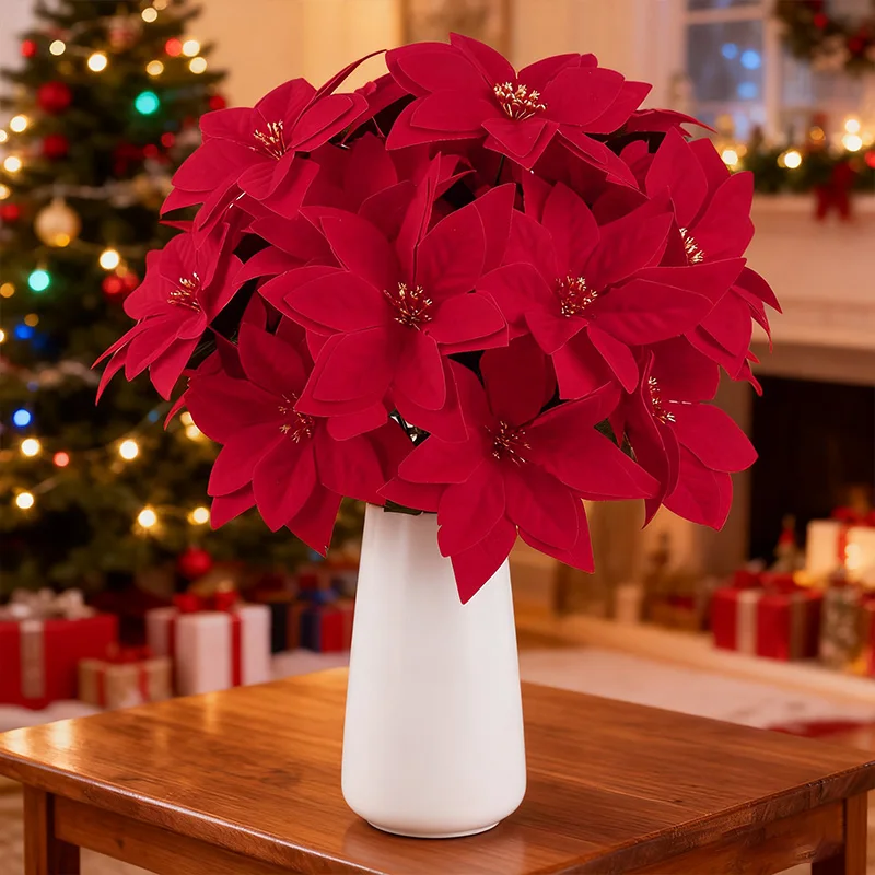 1-5 Bundles Artificial Christmas Flower Red Poinsettia Bouquets for Christmas Home Garden Table Vase Decoration Wedding Flowers