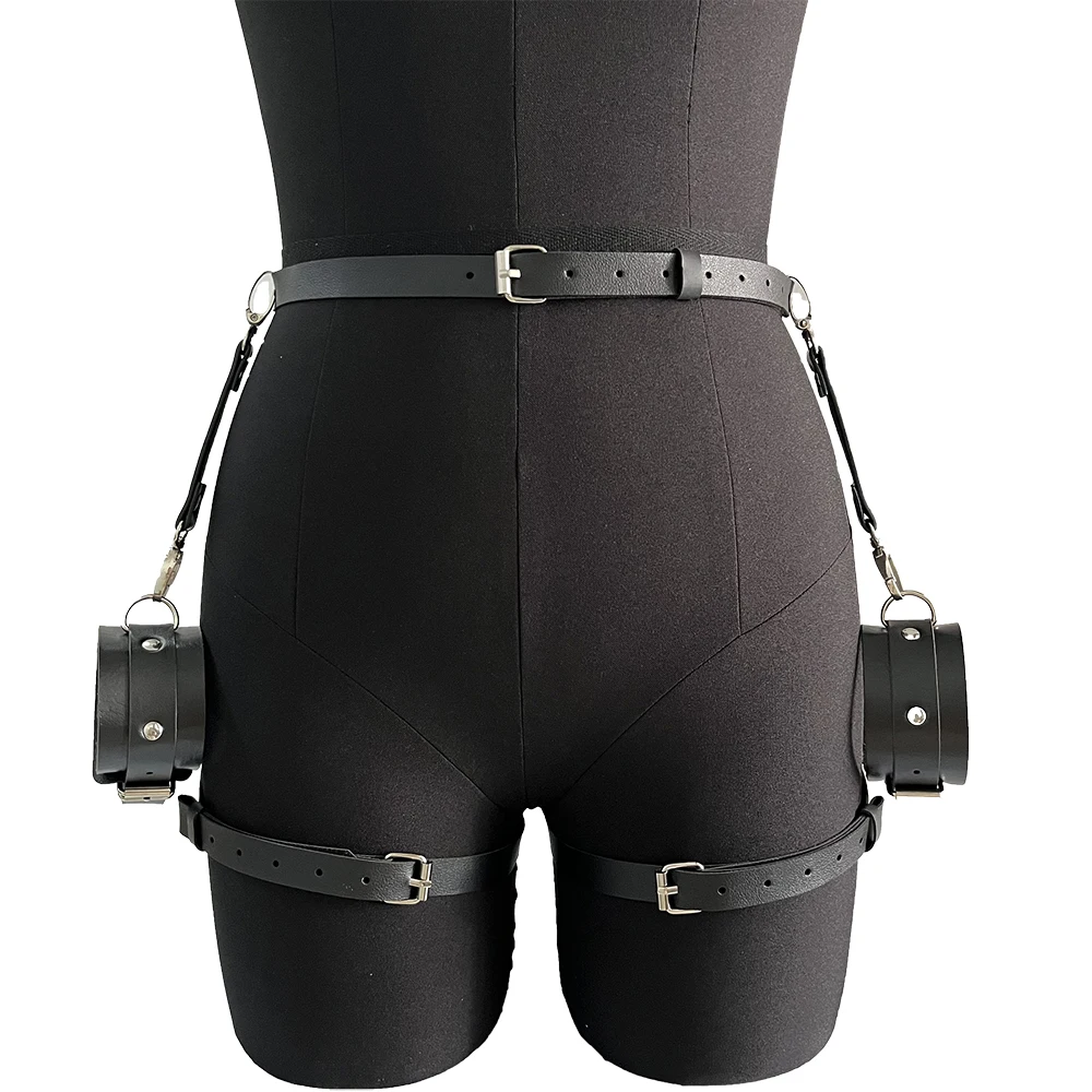 Women's Stylish Leather Thigh Belt and Bracelet Set - Fashionable Fetish Accessory