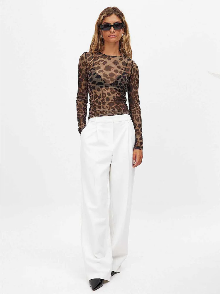 Women Mesh Shirt Long Sleeve Leopard Print Crop Top Sexy Crew Neck T ...