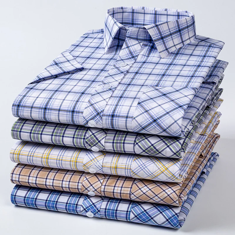 plus size 100%cotton thin short sleeve shirts for men slim fit casual plain shirt hawaiian plaid shirt korean popular clothes 6