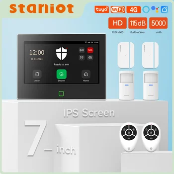 Staniot 무선 와이파이 4G 투야 스마트 홈 경보 시스템, 8 유선 존 보안 HD 패널 지원, 5 년 엔트리 센서 포함, 7 인치