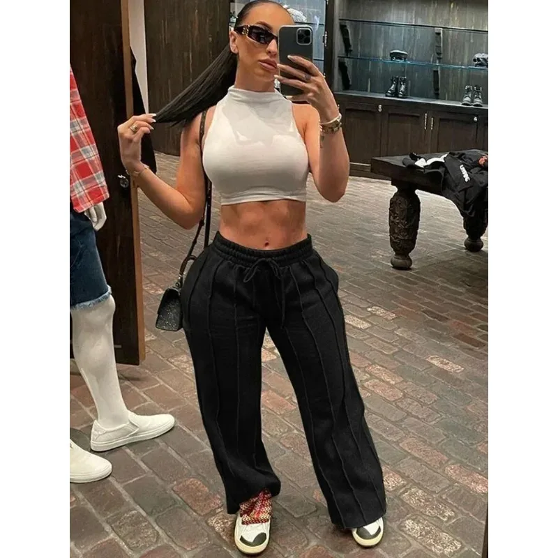 Deeptown Gray Sweatpants Women Hippie Baggy Striped Pleated Trousers Y2k Vintage Aesthetic Patchwork Joggers Casual Sports Pants
