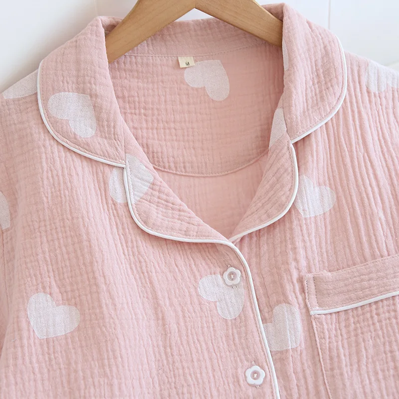 Women's Pajamas 100% Cotton Gauze Sleepwear Crepe Love Print Homewear 2 Piece Set Flowers Thin Loungewear Long Sleeve Pants