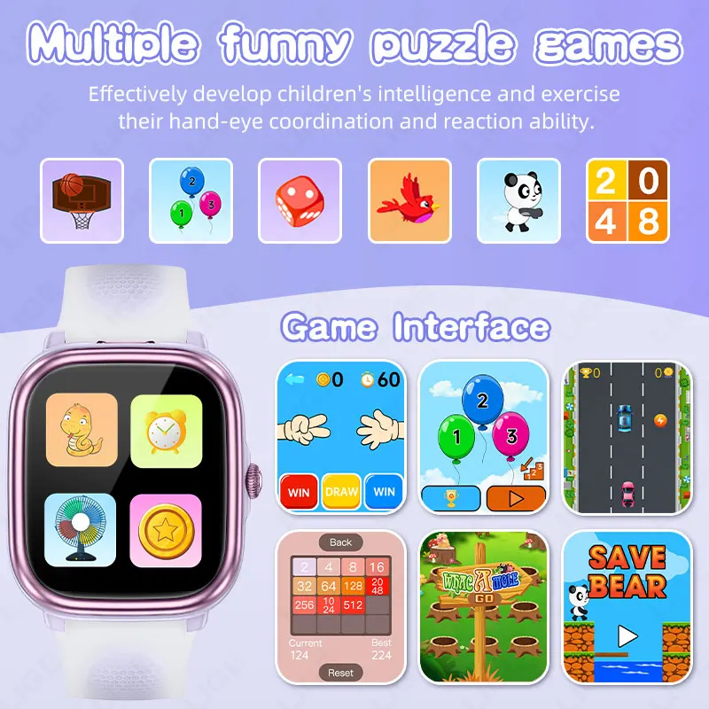 LIGE Children's Study Smart Watch Puzzle Game Pedometer Sports Health Monitor 1.83" Touch Screen Wristwatch Kids Student Gift