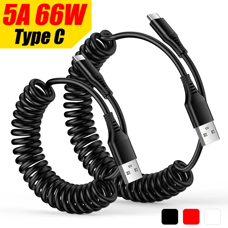 Coiled USB C Cable Car Charger Cable 66W 5A Super Quick Charging Mobile ...