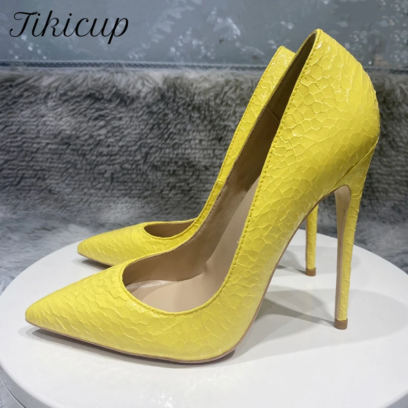 

Tikicup Yellow Crocodile Effect Women Pointy Toe High Heel Sexy Party Shoes Ladies Designer Stiletto Pumps Plus Size 33 44 45