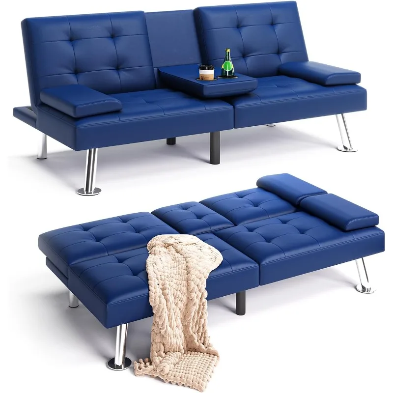 

Sofa Bed, Faux Leather Sleeper Sofa with Mattress and Frame, Convertible Futon Couch for Living Room, Blue