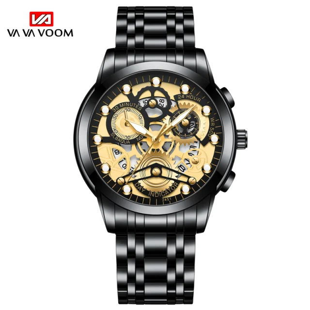 Men's Business Watch Skeleton Design Fashion Mechanical Style Stainless Steel Quartz Movement Calendar Waterproof Men WristWatch 2451HJ