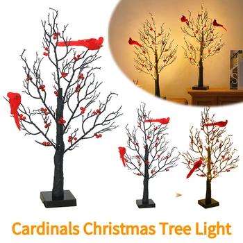 Lighted Mini Birch Tree Light LED Cardinals Christmas Tree Vintage Glowing Tree Light for Table Holiday Home Xmas Decoration