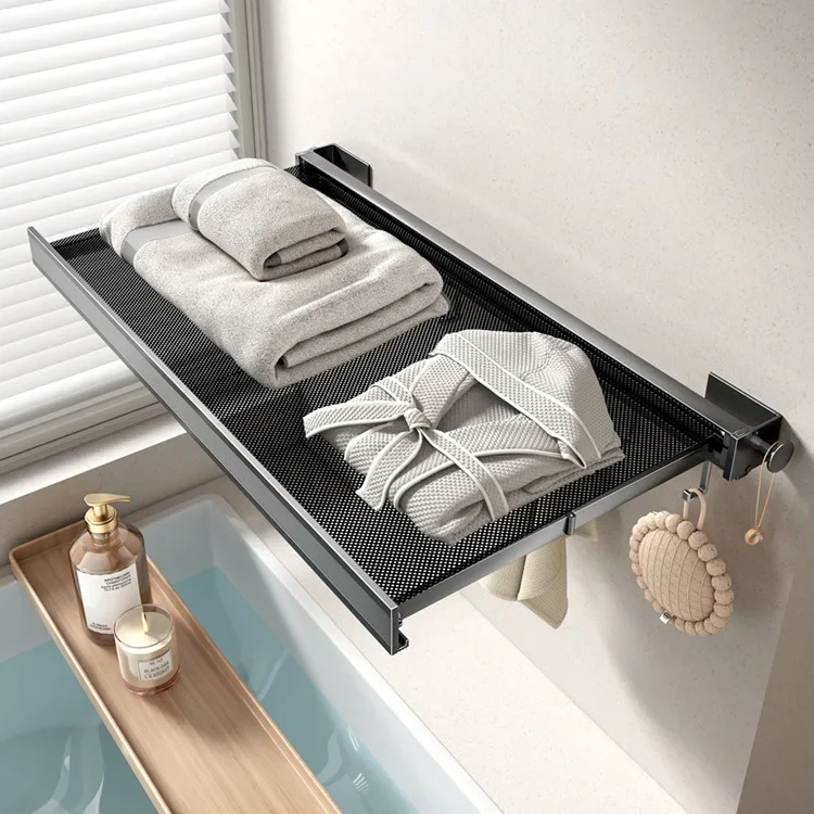 Bathroom Invisible Folding Telescopic Towel Rack Wall Mounted Non Perforated Bathroom Wall Mounted Towel Rack Storage Rack