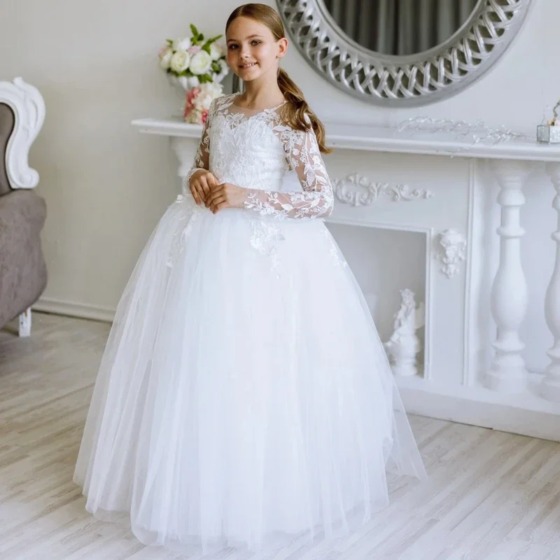 

Flower Girl Dresses White Tulle Lace Appliques With Bow Long Sleeve For Wedding Birthday Party First Communion Gowns