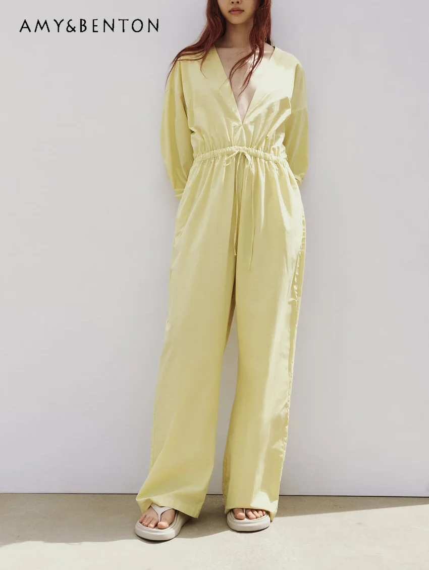 

Summer New Wide Leg Stretch Waist Jumpsuits for Women French Style Elegant V-neck Loose Temperament Puffy Long Jumpsuit
