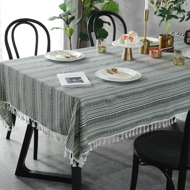 

Linen and Cotton Yarn-dyed Striped Tablecloth With Tassel Ethnic Gray-green Rectangular Dining Table Cover Tea Table Cloth