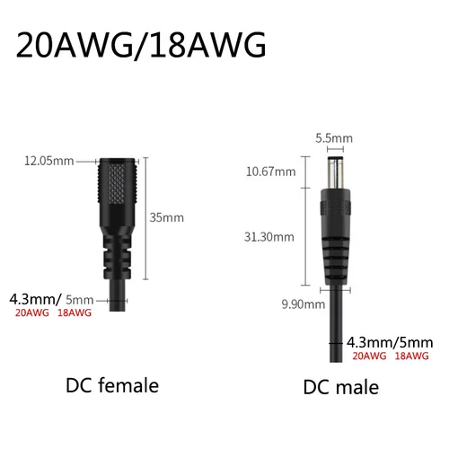 DC 수 암 전원 공급 장치 연장 케이블, LED 스트립 조명용 구리 와이어 전류 커넥터, 5A, 7A, 10A, 5.5x2.1mm, 16, 18, 20, 22awg 6