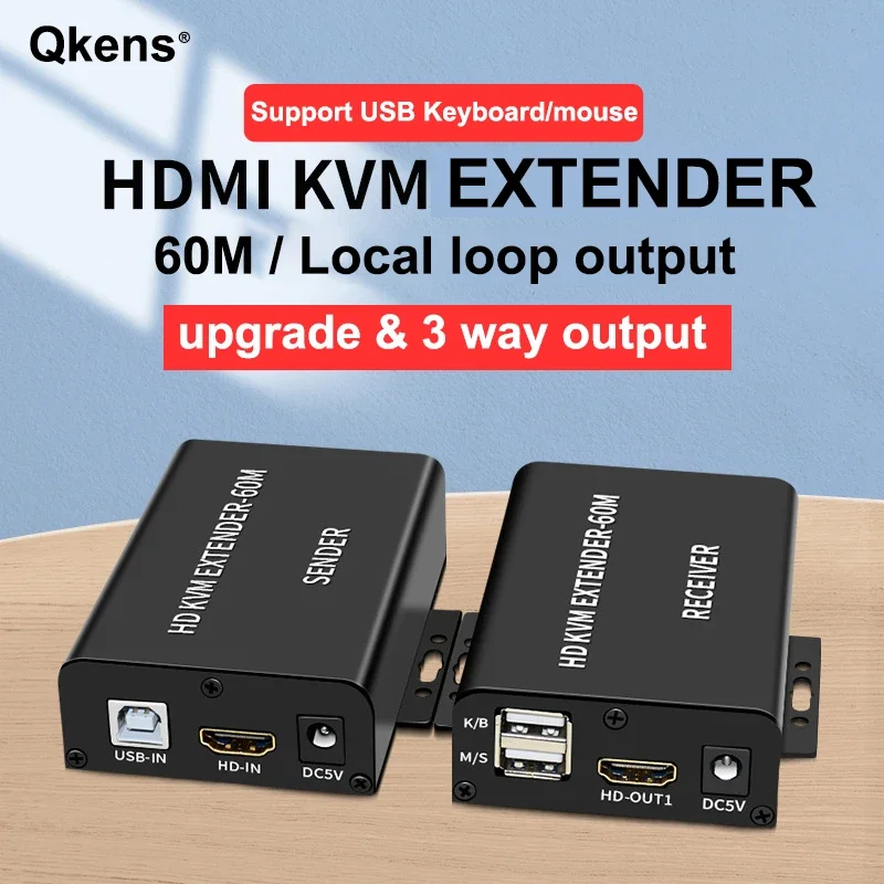 

60M HDMI KVM Extender Over Rj45 Cat5e/6 Ethernet Cable 1080P Audio Video Transmitter and Receiver Kit Support USB Keyboard Mouse