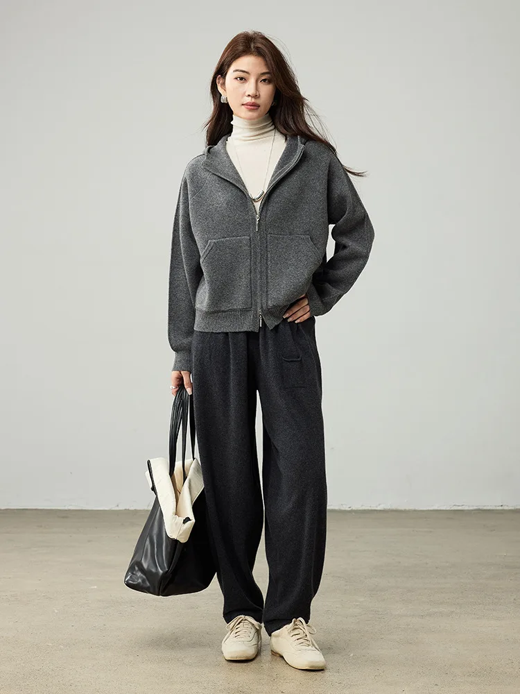 Birdtree 100% Sheep Wool Knitted Drawstring Cocoon Pants,Women