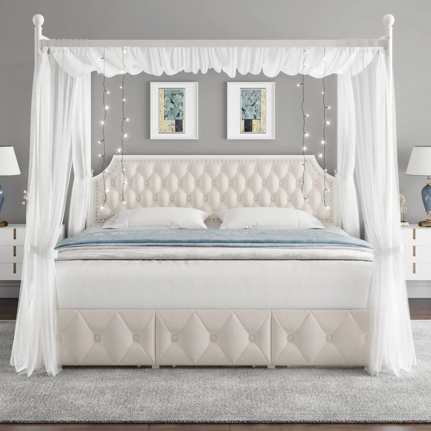 King Upholstered Canopy Bed Frame with 3 Drawers and Button Tufted Headboard, Metal Platform Bed with 4 Removable Posts