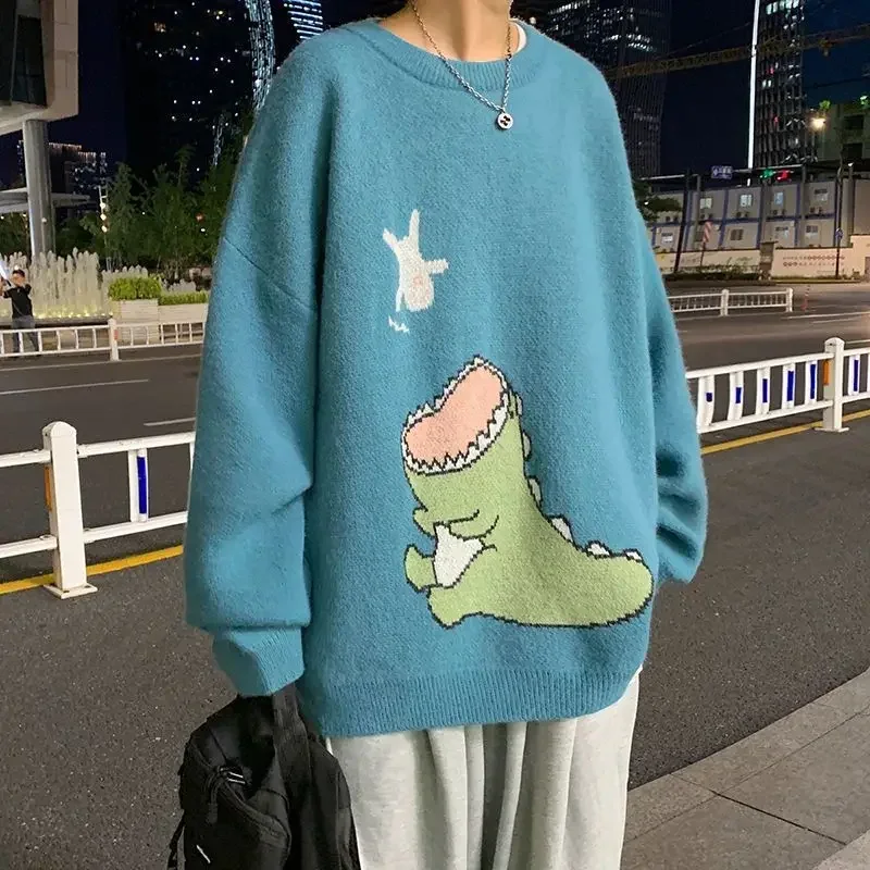 Men's sweater knitted long-sleeved round neck trend loose pullover autumn retro versatile color collision personality sweater