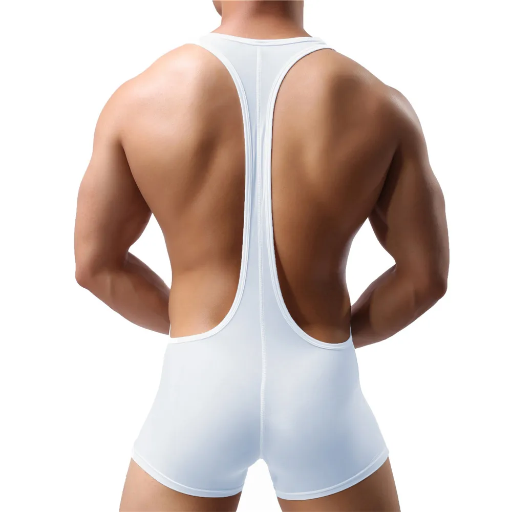 Men Elastic Undershirts Smooth Bodysuit One-Piece Jumpsuit Wrestling Singlet Leotard Pajamas Penis Pouch Boxer Shorts Underwear
