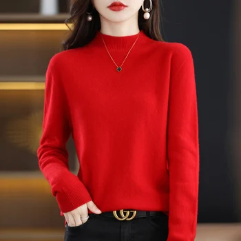 100% merino wool cashmere sweater women's sweater semi-high-necked long-sleeved pullover autumn and winter warm pullover top