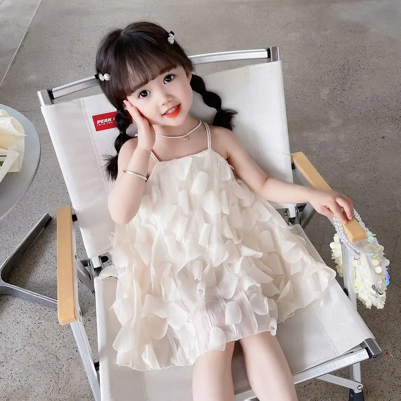 

Girls' Mori Summer 2023 New Girls' Fashionable Girls' Clothing Children's Summer Petal Strap Dress